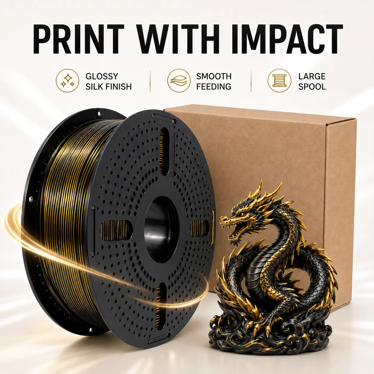 Glossy PLA+ 3D Printing Filament, 1.75mm Dual Color (Black/Gold), 1.25kg, Vibrant Glossy Finish, Smooth Feed, ±0.05mm Dimensional Accuracy, No Edge Curling/Clogging, High Print Success Rate, Suitable for Most FDM Printers & DIY Enthusiasts