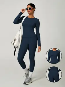 Women's Simple Solid Color Sportswear Set, Sports Activewear Set, Yoga Clothes Set, Comfortable Round Neck T-Shirt & Tight Pants, Ideal for Yoga & Daily Wear, Fall & Winter