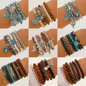 Vintage Ethnic Style Bull Head Turquoise Beaded Stretch Bracelet Personality Melad Round Bead Layered Jewelry