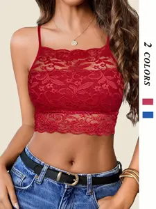 Women's Floral Lace Crop Cami Top, Casual Spaghetti Strap Crop Top for Summer, Fashion Women's Top for Daily Wear