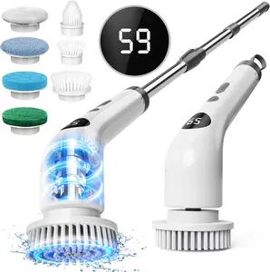 spin scrubber electric cleaning brush, cordless cleaning brush with LED display, 2-speed electric scrubbing brush with 7 interchangeable brush heads for bathrooms, floors, cars, tiles, with adjustable and removable long handle