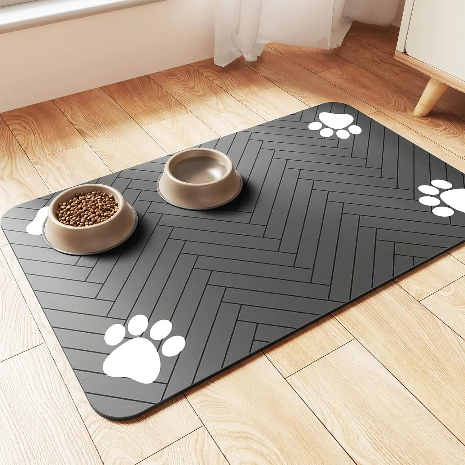 Absorbent Pet Feeding Mat for Dogs & Cats – Waterproof Quick Dry Food & Water Bowl Mat with Non-Slip Rubber Backing, Pet Placemat for Messy Drinkers (20x12 Dark Gray)