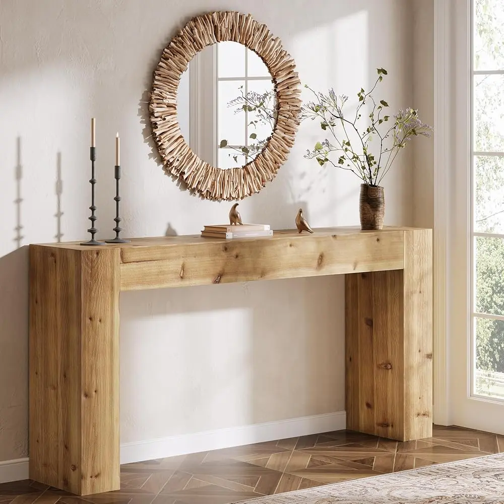 Tribewood 63-Inch Solid Wood Console Table for Entryway, Sofa Table Behind Couch, Farmhouse Style, Easy Assembly, Light Wood