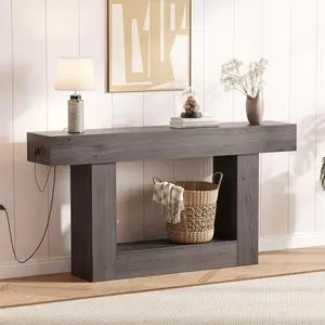 63" Entryway Table, 2 Tier Narrow Long Console Table with Storage & Charging Station, Sofa Table Farmhouse Wood Behind Couch Table for Entrance, Foyer, Hallway, Living Room, Couch, Grey
