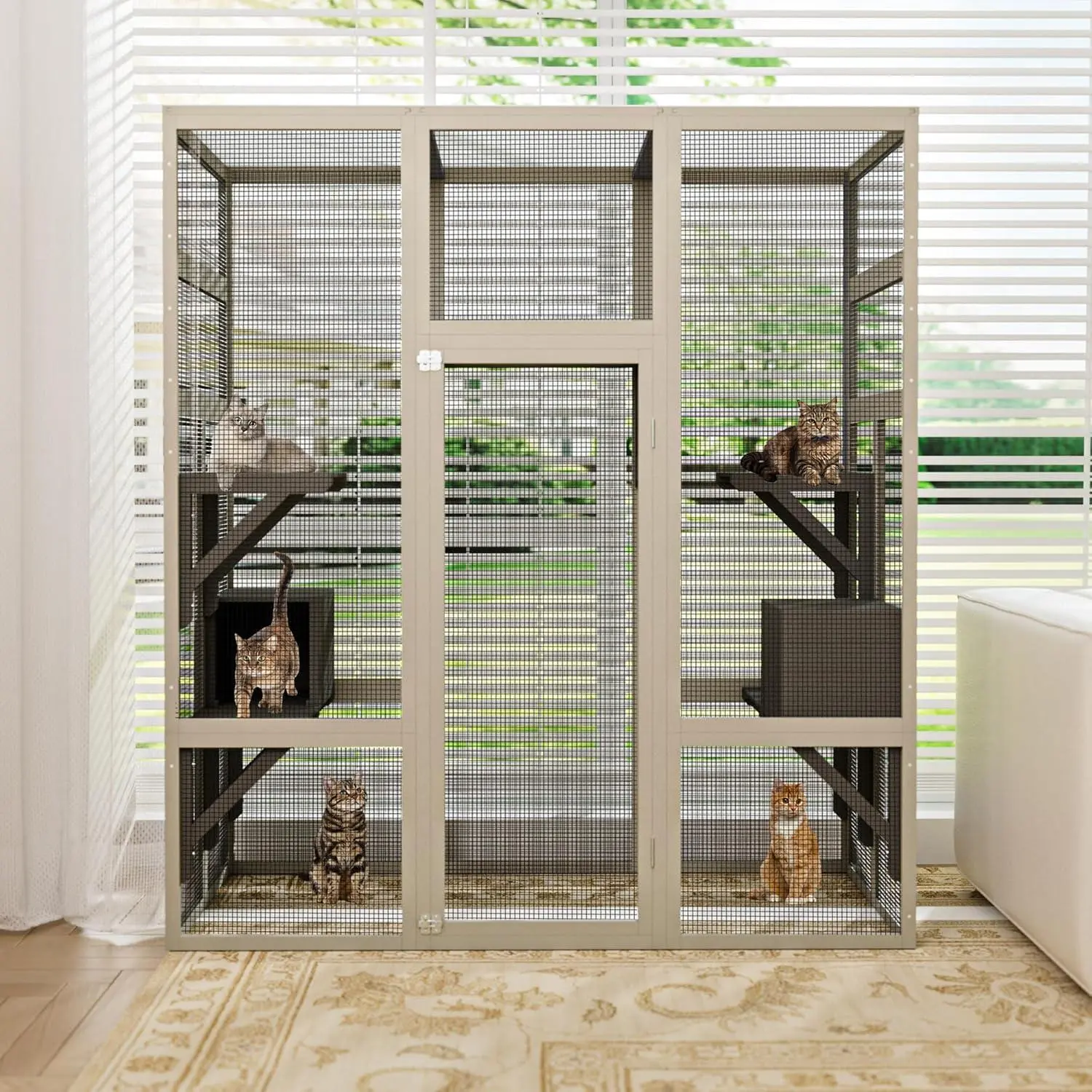 GARVEE 70" Large Outdoor Catio Cat Enclosure, Wood Cat Patio with Waterproof UV-Resistant Roof, Cats Shelter with 5 Platforms and 2 Resting Box, and Secure Rust-Proof Wire for Backyard or Patio