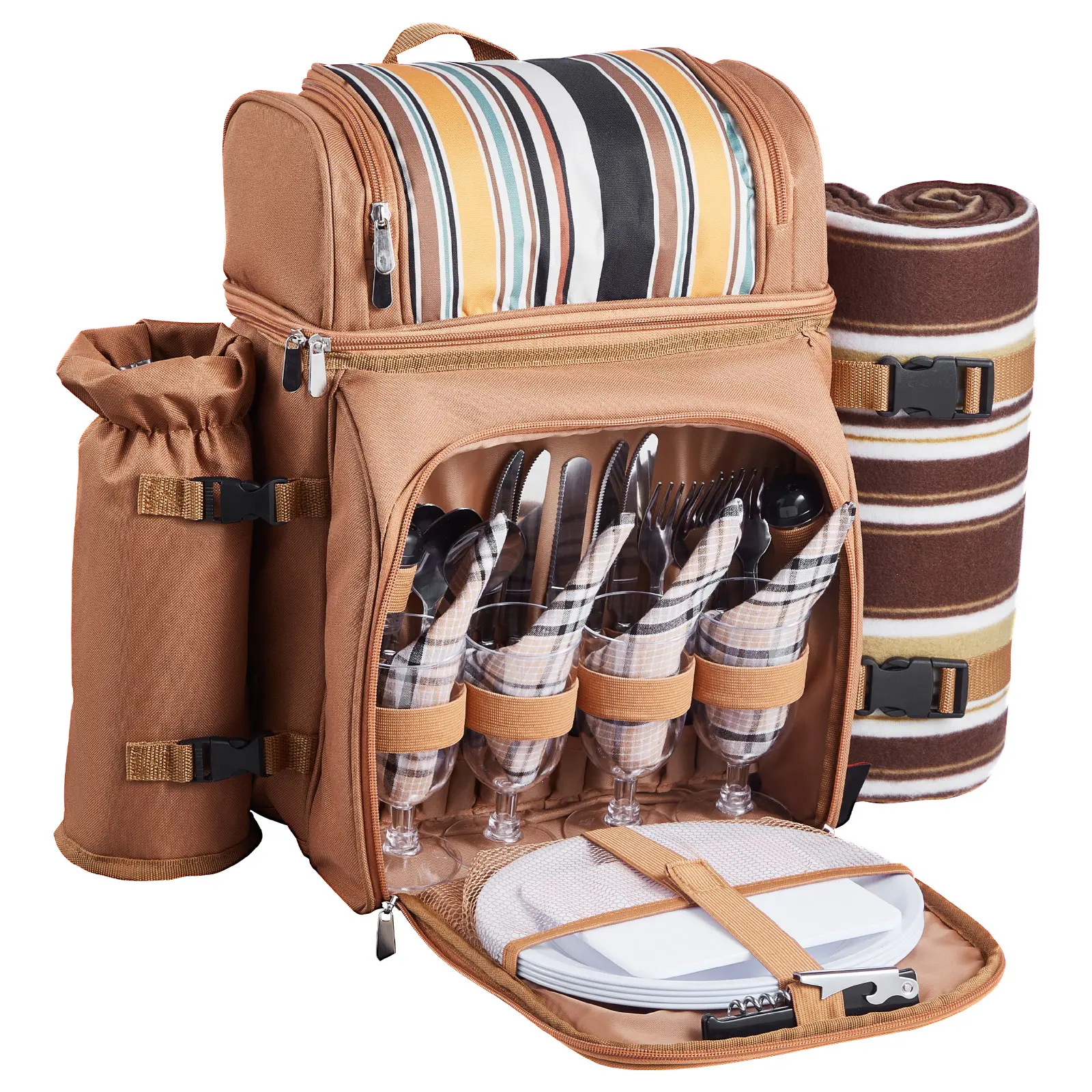 Picnic Backpack for 4 Insulated Cooler Cutlery Set Detachable Blanket Waterproof for Beach Camping Family Brown