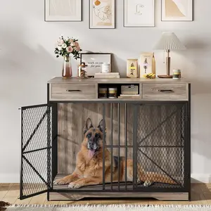 44 Inch Dog Crate Furniture Wooden Double Doors Drawers End Table Small Medium Large Breeds Vintage Brown