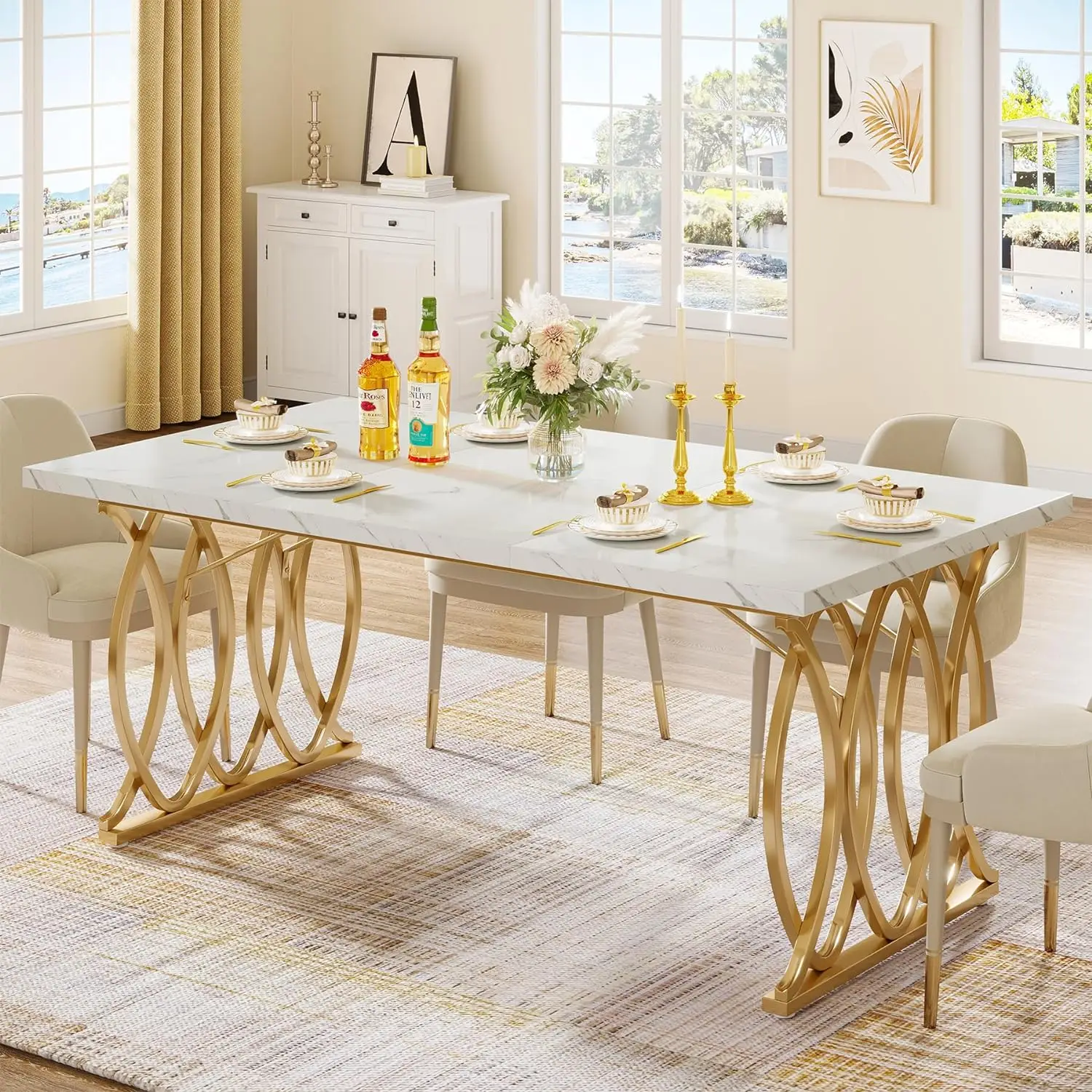 Tribesigns Modern Dining Table for 4-6 People, 63" Large Rectangular Kitchen Table with Faux Marble Tabletop and Gold Geometric Legs, Unique Dinner Ta