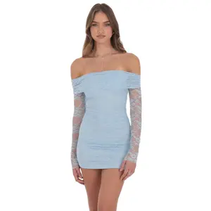 Off Shoulder Long Sleeve Lace Dress in Light Blue