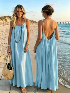 Women's Solid Color Cami Lounge Dress, Elegant Sleeveless Long Dress for Summer, Ladies Sleepwear for Indoor Wear Breathable Essential Fabric Loungewear Spaghetti Spaghetti Strap Basic