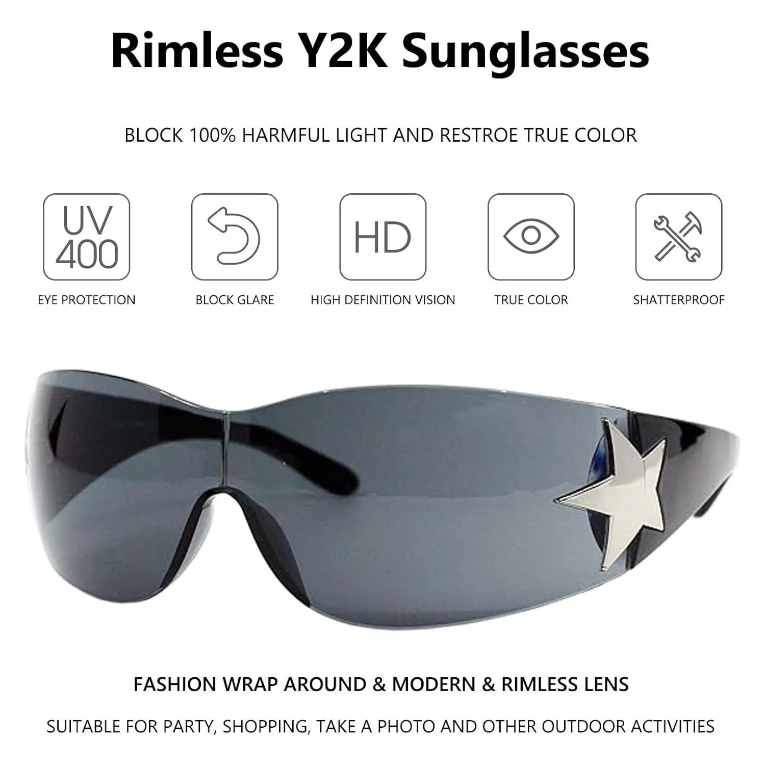 2026] Rimless Y2K Sunglasses Star Wrap Around Glasses 2000S 
