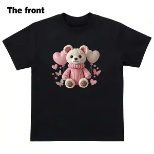 Women Short Sleeve Tshirt Teddy Bear Balloon Print Casual Round Neck Lightweight Stretchy Girly Style Comfortable Fit Daily Wear
