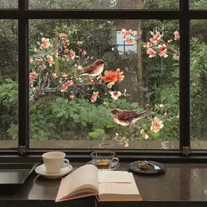 A new style branch, bird and flower window sticker, double-sided visible static glass sticker, for bedroom, living room and bathroom window decoration, model D20156