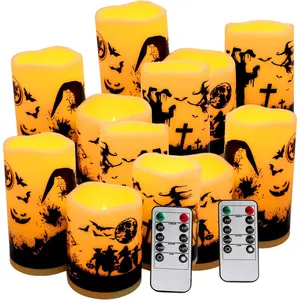 12-Pack Halloween LED Flameless Pillar Candles  Operated Remote and Timer - Warm Ligh  Candle Flickering  Bats Castle Spooky Decals Halloween Decor Gifts,Ghost Party Decor.