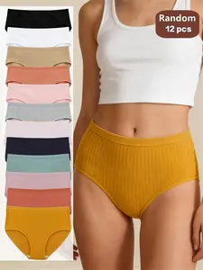 12pcs, Ribbed Underwear, Random Color, Comfortable And Breathable Women's Thong, Soft And Simple Mid-Waist Thong, Elastic Fitted Innerwear