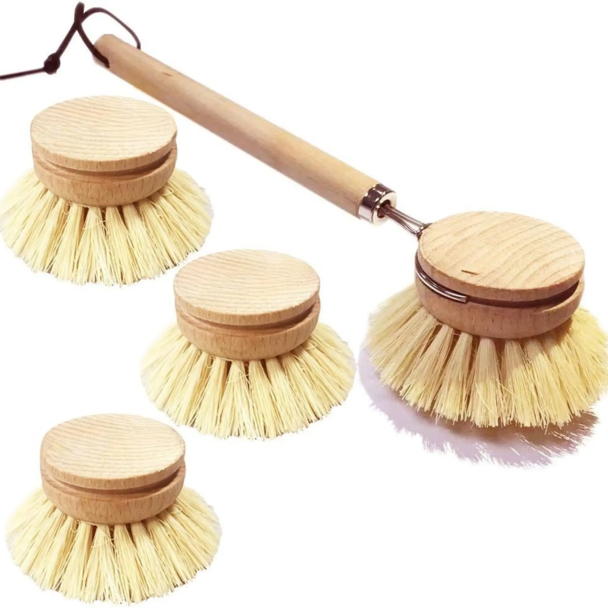 Dish Brush with Wooden Handle, Natural Kitchen Brush for Dishes Vegetable, Pots and Pans, Tampico Fiber Bristles Scrubber, Extra 3 Pack Replacement Head Included