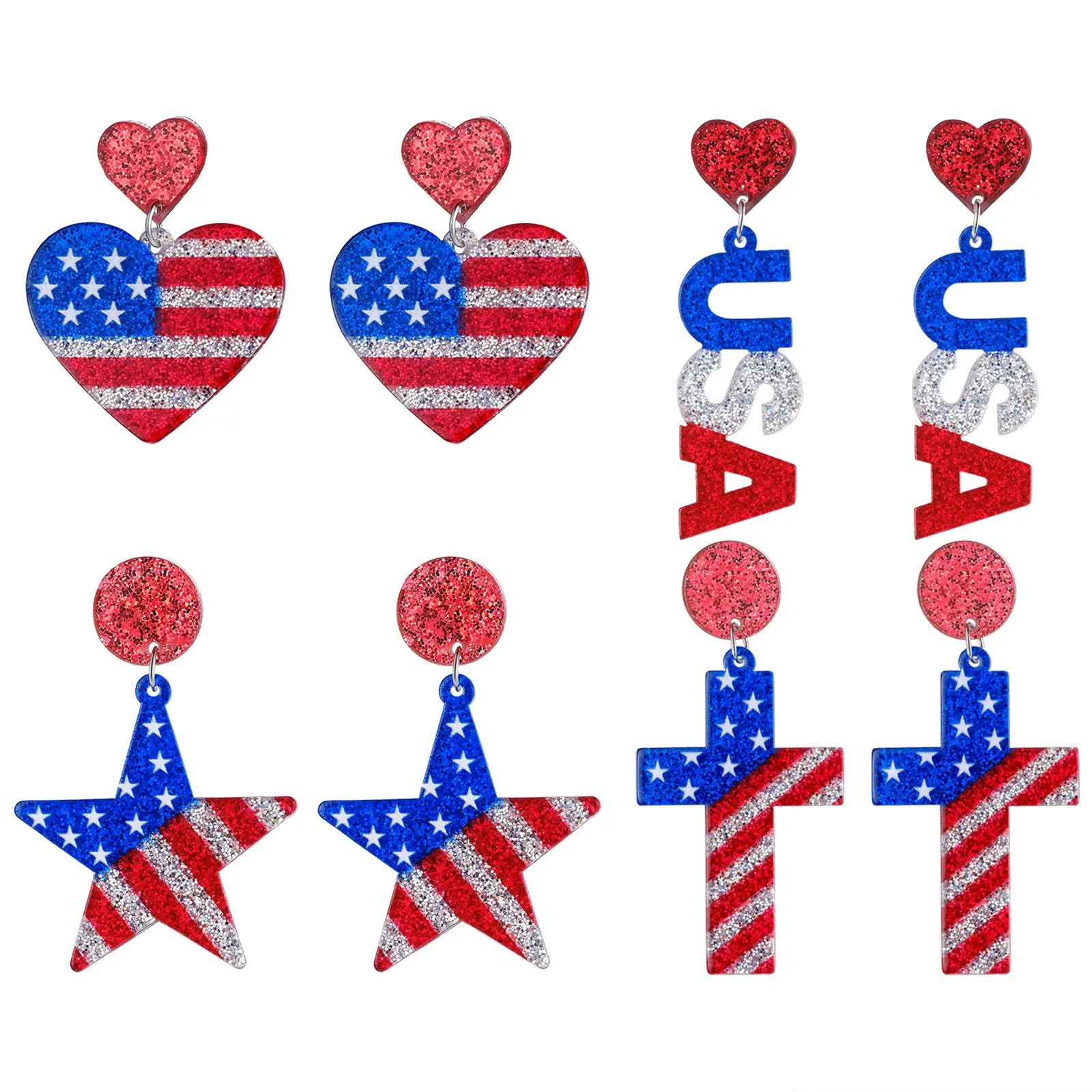 OIDEA Drop Earrings for Women, 4-Pair Patriotic American Flag Set with Lightweight Acrylic Star, Heart & Cross Charms, Commemorative Holiday Jewelry for Independence Day