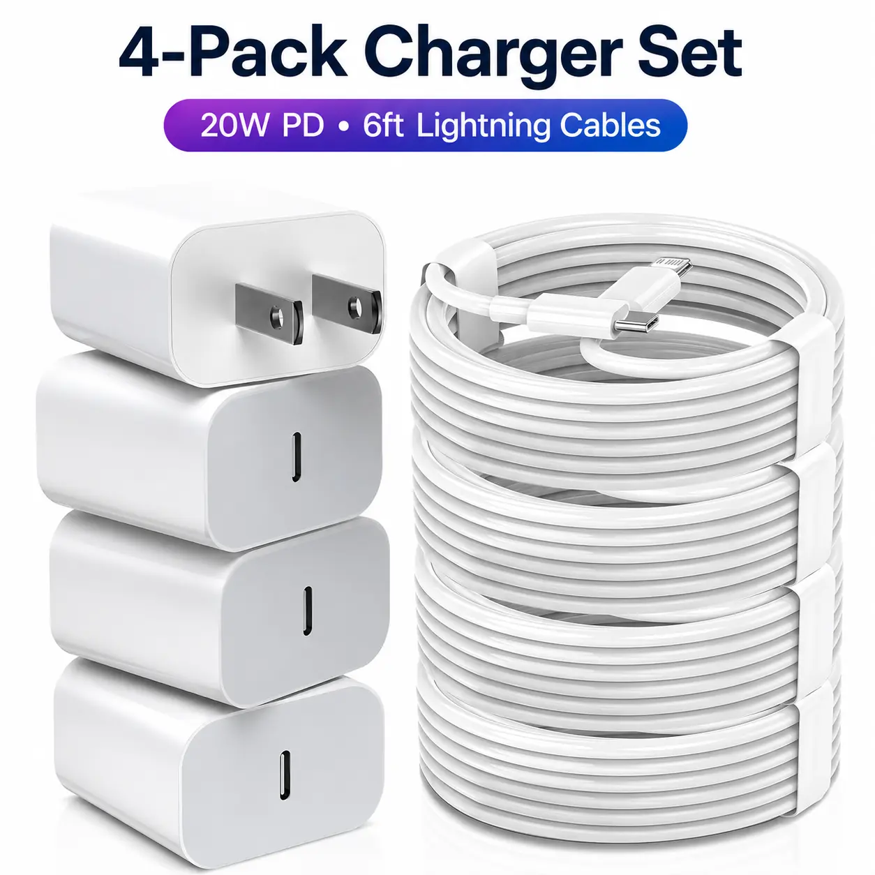 4-Set For iPhone Fast Charging Kit | 20W PD USB-C Wall Charger with 6FT USB-C to Lightning Cable | Compatible with iPhone 14 13 12 11 Pro Max XS XR SE AirPods iPad& More high speed