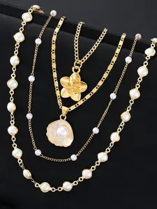 Elegant Floral Pendant Pearl Necklace Set, Vintage French Style Long Sweater Chain, Fashionable Layered Jewelry for Women