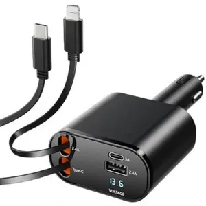 4 in 1 USB C Car Charger, Retractable Design Car Charger with Type-C Cable, Fast Charging Car Charger Adapter for iPhone 16 15 14 13 12 11 Pro/XS/XR/SE/iPad/AirPods