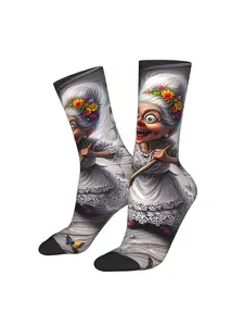 Grandmother Joyfully Cleaning The Floor with Socks That Have a Fun Print, Made of Polyester
