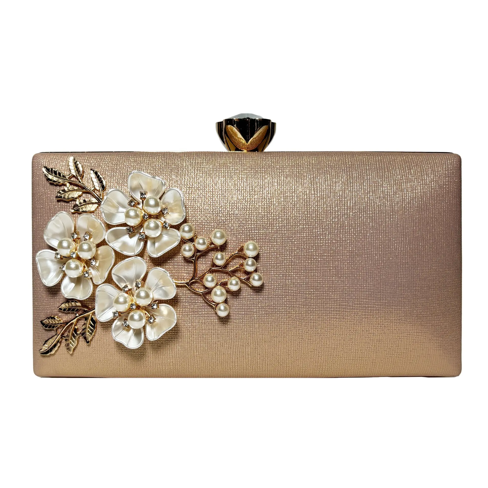 Champagne Gold Pearl Flower Evening Clutch Bag for Women, 3D Floral Pearl Beaded Hard Shell Handbag with Crystal Rhinestone Clasp, Elegant Bridal Wedding Formal Purse, Detachable Chain Crossbody Bag for Prom Cocktail Party