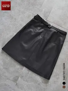 Spring  New Leather Skirt Women's Fashion High Waist Slimming A-Line Bodycon Short Skirt Half-Sleeve Dress with Belt