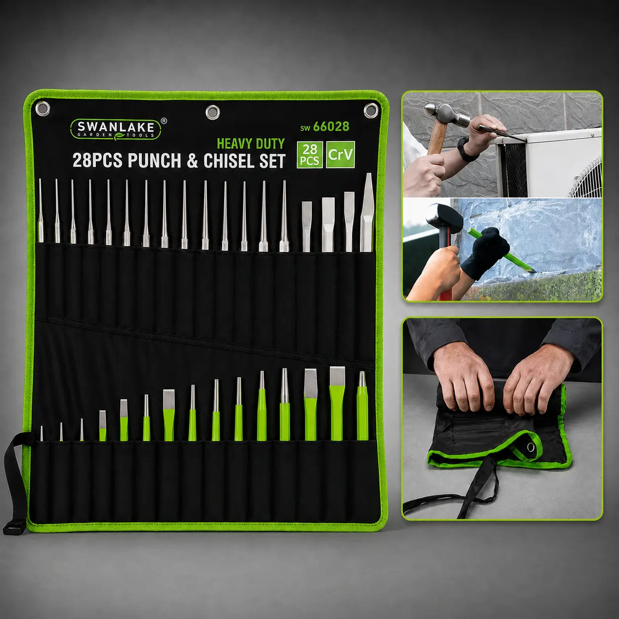 SWANLAKE Punch and Chisel Set, Including Taper Punch, Cold Chisels, Pin Punch, Center Punch (28pcs) green  rubber tool kit repair tool chisel set tool gift cool mechanic TikTokShopBlackFriday