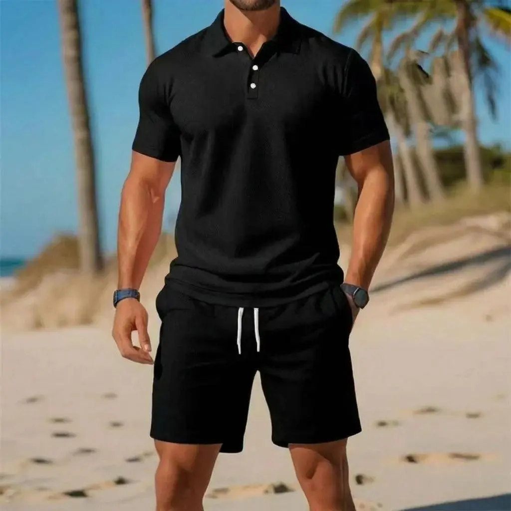 Men’s 2-Piece Knitted Polo Shirt & Shorts Casual Clothing Set
