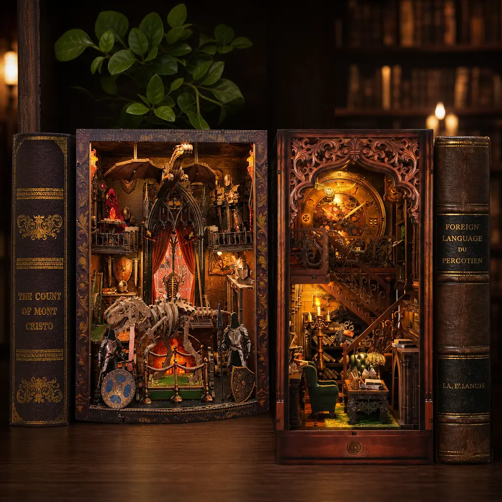 Dragon Knight & Magical World Fantasy Book Nook Bundle — Dual DIY Wooden Puzzle Kit with LED Lights, Gothic Castle Museum & Steampunk Library Miniature Diorama Set for Adults, Perfect Christmas Gift for Fantasy Lovers