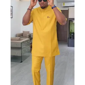 2 pcs/set Men's Yellow Dashiki, Letter Embroidery, Short Sleeve Shirt with Side Split and Drawstring Trousers for Weddings, Parties, Street, and Daily Wear