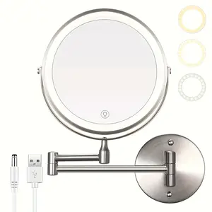 New 8-Inch Two-Sided Swivel Wall Mount Mirror with Light Rechargeable Lighted Wall Mounted Makeup Mirror with 3 Color Lights Makeup Mirror with 10X Magnification & 12.5 inch Wall Extension Decor
