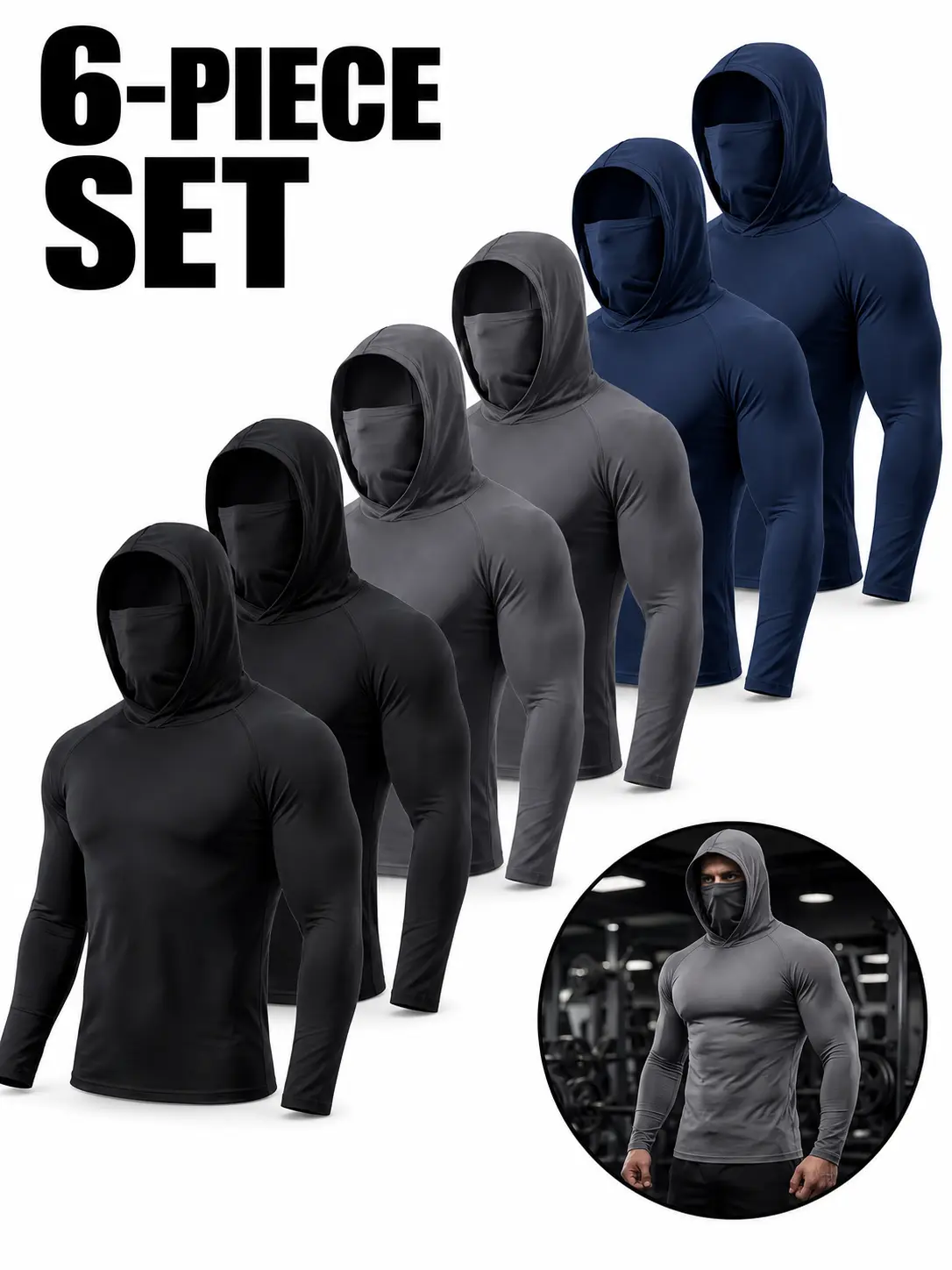 Men's 6-Pack Outdoor Work Bike Sun Protection Hoodies - Compression Fabric, Built-in Face Mask & Neck Guard, Breathable Long-Sleeve Activewear Jackets