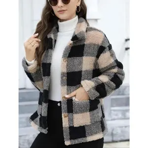 Women's Plaid Print Button Front Fuzzy Coat, Casual Long Sleeve Pocket Collared Outerwear for Fall & Winter, Ladies Clothes for Daily Wear Jackets Tops Womenswear Black&Khaki Fitted