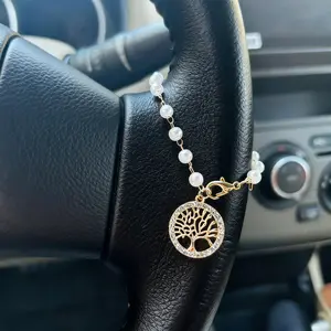 Pearl Chain Steering Wheel Ornament, Diamond Life Tree Decor, Cross Decoration, Elegant Car Accessories, Car Hanging Charm, Car Interior Decoration, Car Ornaments