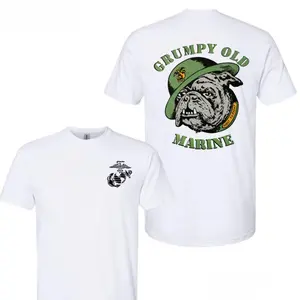 Grumpy Old Marine T-Shirt, USMC Bulldog Graphic Tee with Green Military Hat, Funny Marine Veteran Shirt, Patriotic Humor Gift for Retired Marines, Cotton Fabric