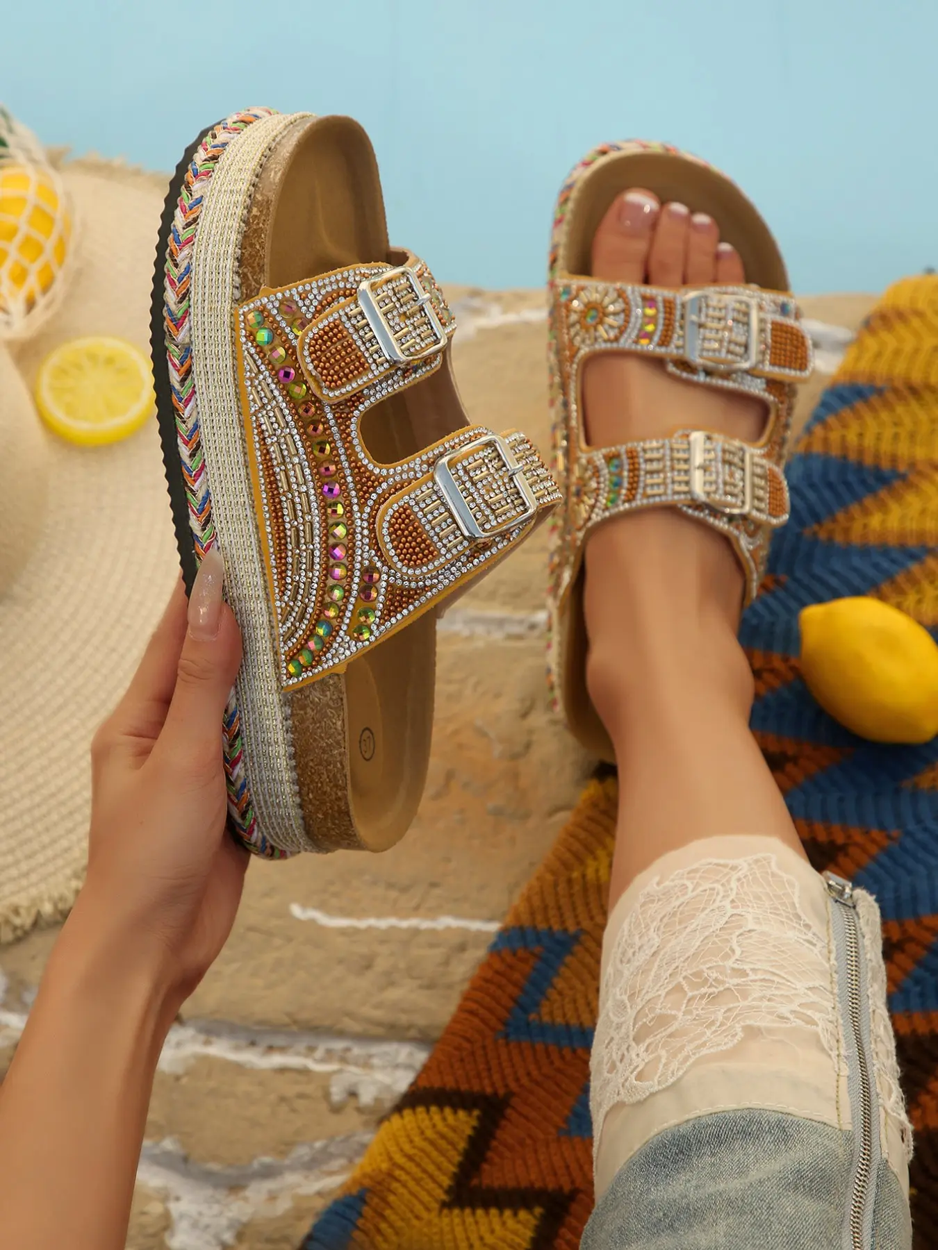 Women's Bohemian Style Rhinestone Decorated Sandals, Colorful Braided Cork Sole Open Toe Slippers, Summer Beach Shoes for Vacation, Footwear Strap Slides
