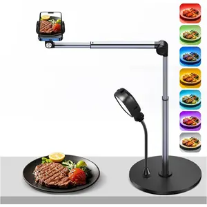 Overhead Phone Mount with RGB Light, 13.7 in Long Phone Stand for Recording, Flexible Articulating Arm Phone Mount for Desk for Live Streaming, Meeting, Cooking, Filming,  Techs