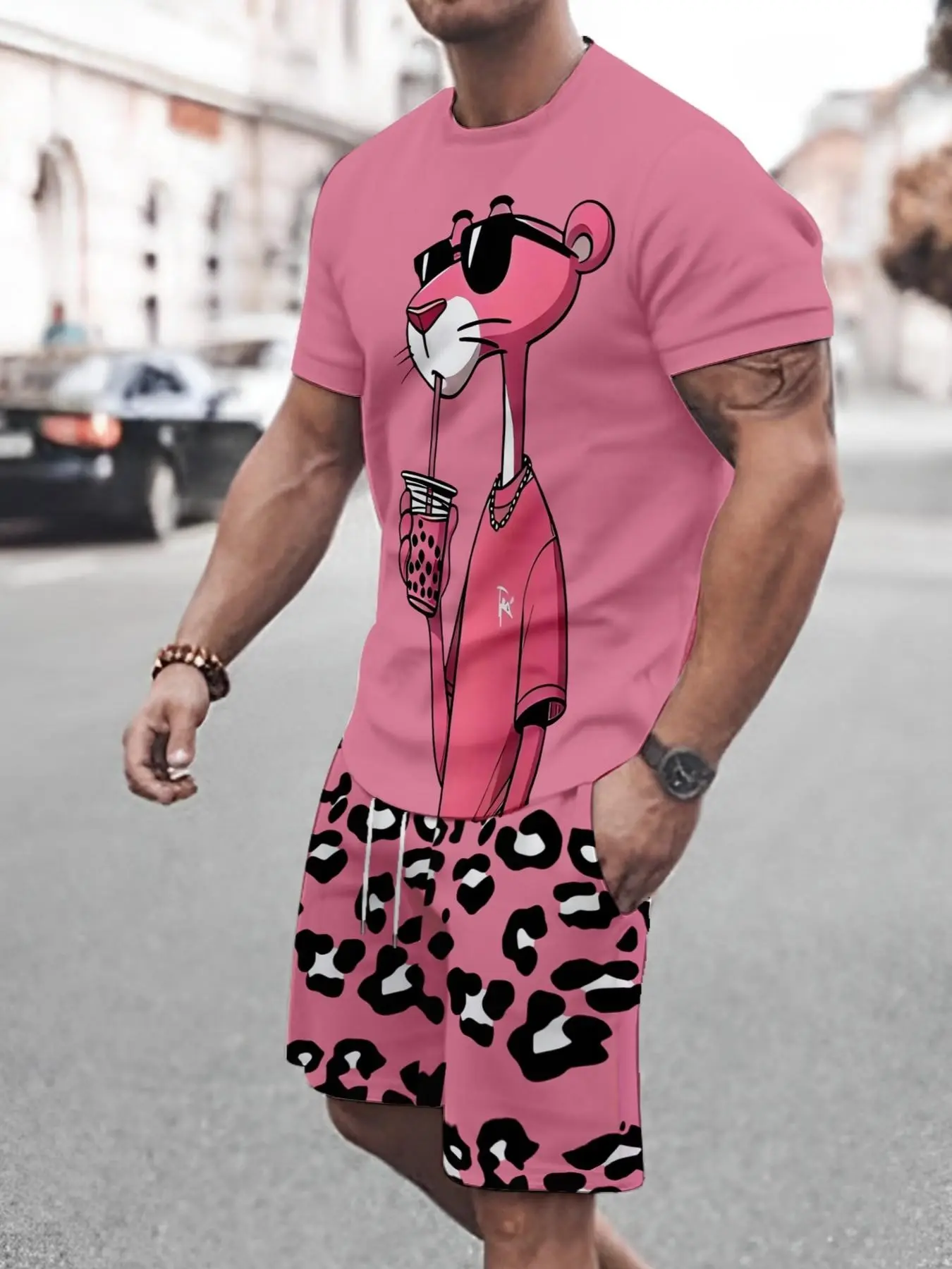 Men's Printed Short Sleeve Fitted T-Shirt + Shorts Set, Graphic Tee Set, Menswear Outfit, Casual Sportswear, Breathable Outdoor Leisure Wear, Summer 3D Print Clothes