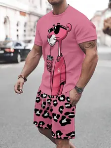 Men's Printed Short Sleeve Fitted T-Shirt + Shorts Set, Menswear Outfit, Casual Sportswear, Breathable Outdoor Leisure Wear, Summer 3D Print