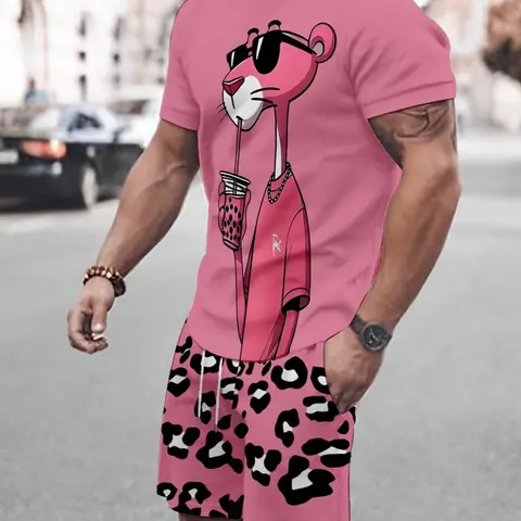 Men's Printed Short Sleeve Fitted T-Shirt + Shorts Two Piece Set, Menswear Outfit, Casual Sportswear, Breathable Outdoor Leisure Wear, Summer 3D Print Clothes