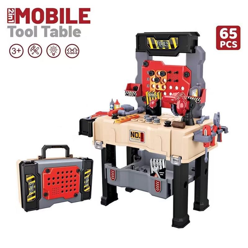 2-in-1 Kids Tool Bench & Mobile Repair Play Set,65 Pcs with Electronic Drill Toy, Screwdriver & Realistic Tools, STEM Pretend Play for Ages 3-5