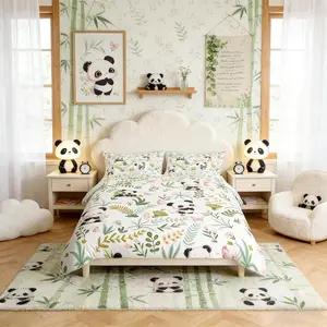 Cute Panda Bedding Set,Kawaii Black White Panda Leaves Plant Comforter Cover Set,Cartoon Animal Pink Butterfly Bedding Quilt Cover Set Bedroom Decor