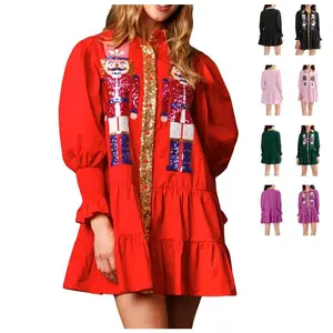 Women's mini dress, long sleeved lapel sequin button closure casual dress, autumn dress, women's clothingRAIMENTRY