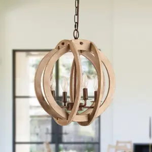 4-Light Global Shape Wood Chandelier Pendant Lighting
