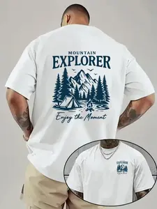 Men’s Mountain Explorer Graphic T-Shirt, Outdoor Adventure Tee, Hiking Camping Graphic Shirt, Nature Landscape Print Tee for Men, Casual Short Sleeve T-Shirt, Travel Explorer Lifestyle Graphic Tee