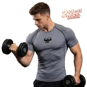 Buy 2 Get 1 Free 3-Pack Men’s Gray Compression Gym Shirts, 100% Polyester, slight stretch, quick-dry muscle fit athletic workout tees, sizes S–3XL, fast direct shipping from the USA #GymTok #FitTok #WorkoutEssentials #MensGymWear Top Fabric Bull Tshirt
