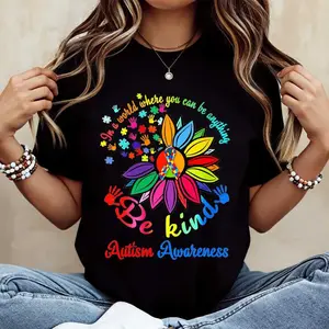 Autism Awareness Flower With Rainbow Puzzle Pieces And Be Kind Text Print T Shirt Crew Neck Casual Wear For Autism Support And Awareness