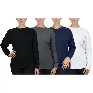 Women's Long Sleeve Womenswear Knit Classic Cotton Crewneck Breathable Hem Thermal Shirts Knitwear Plain Ribbed Winter