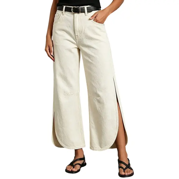 Flamingals Solid Split High Waist Wide Leg Crop Pants Without Belt Womenswear Stretchy 26" Inseam